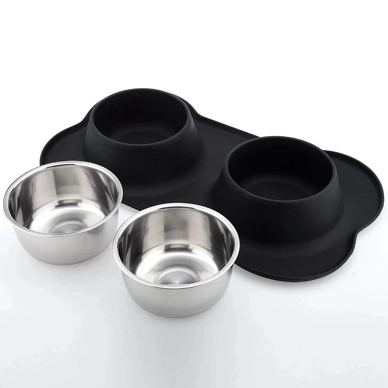 Gamelle Chien Antidérapante avec Double Bol Inox et Tapis Silicone - noir