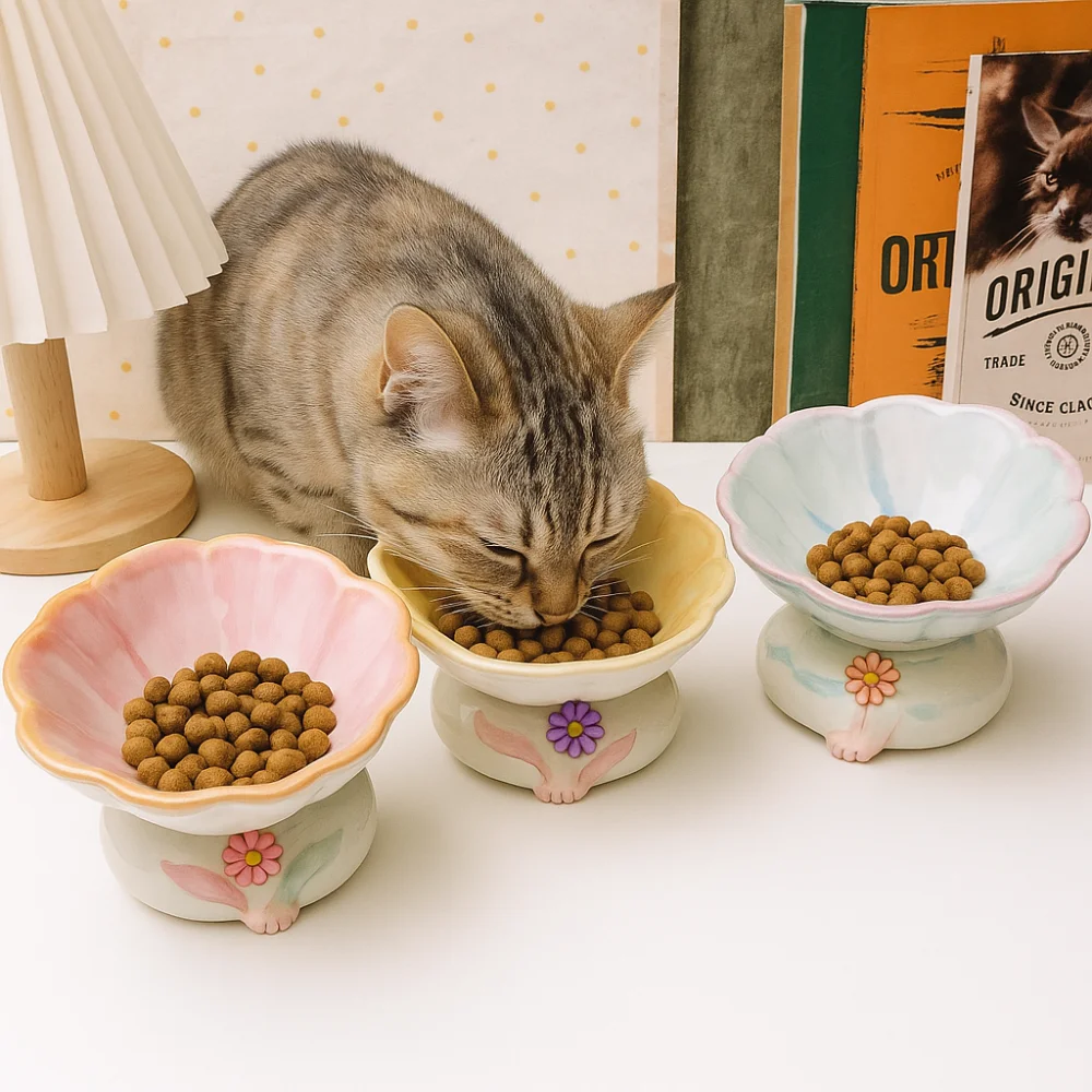 Gamelle Chat Surélevée en Céramique – Design Fleur avec Pieds Antidérapants
