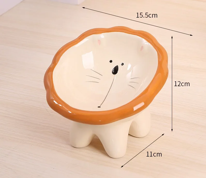 Gamelle Chat Surélevée en Céramique – Design Petit Lion Mignon - dimensions